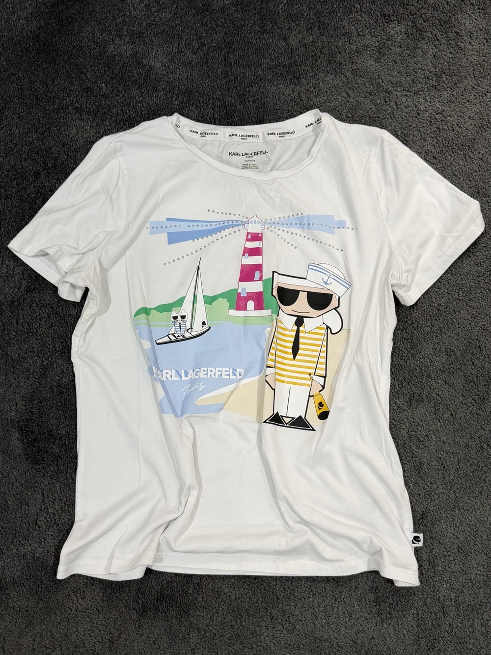 Karl Lagerfeld White Short Sleeve Tee with Nautical Character Graphic